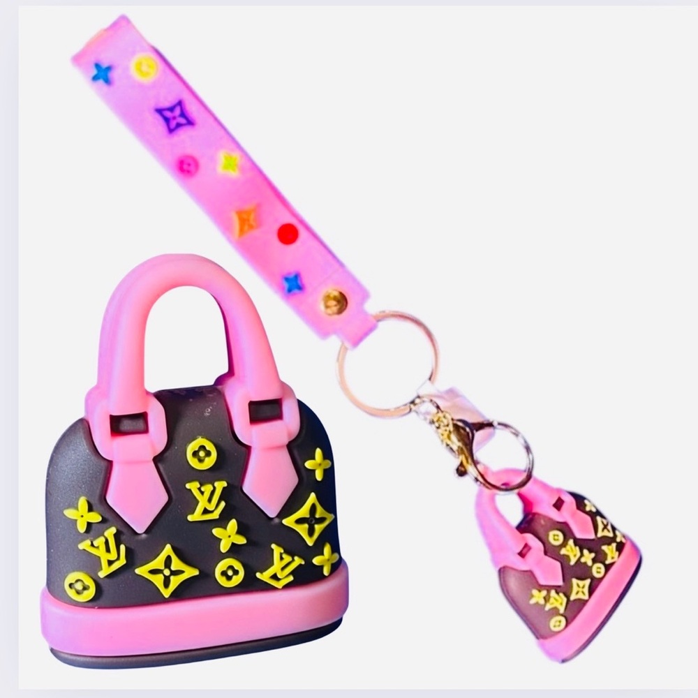 BAG CHARM/KEYCHAIN: Chocolate Brown and Pink Purse w/Wristlet, Custom. EUC - Picture 6 of 9